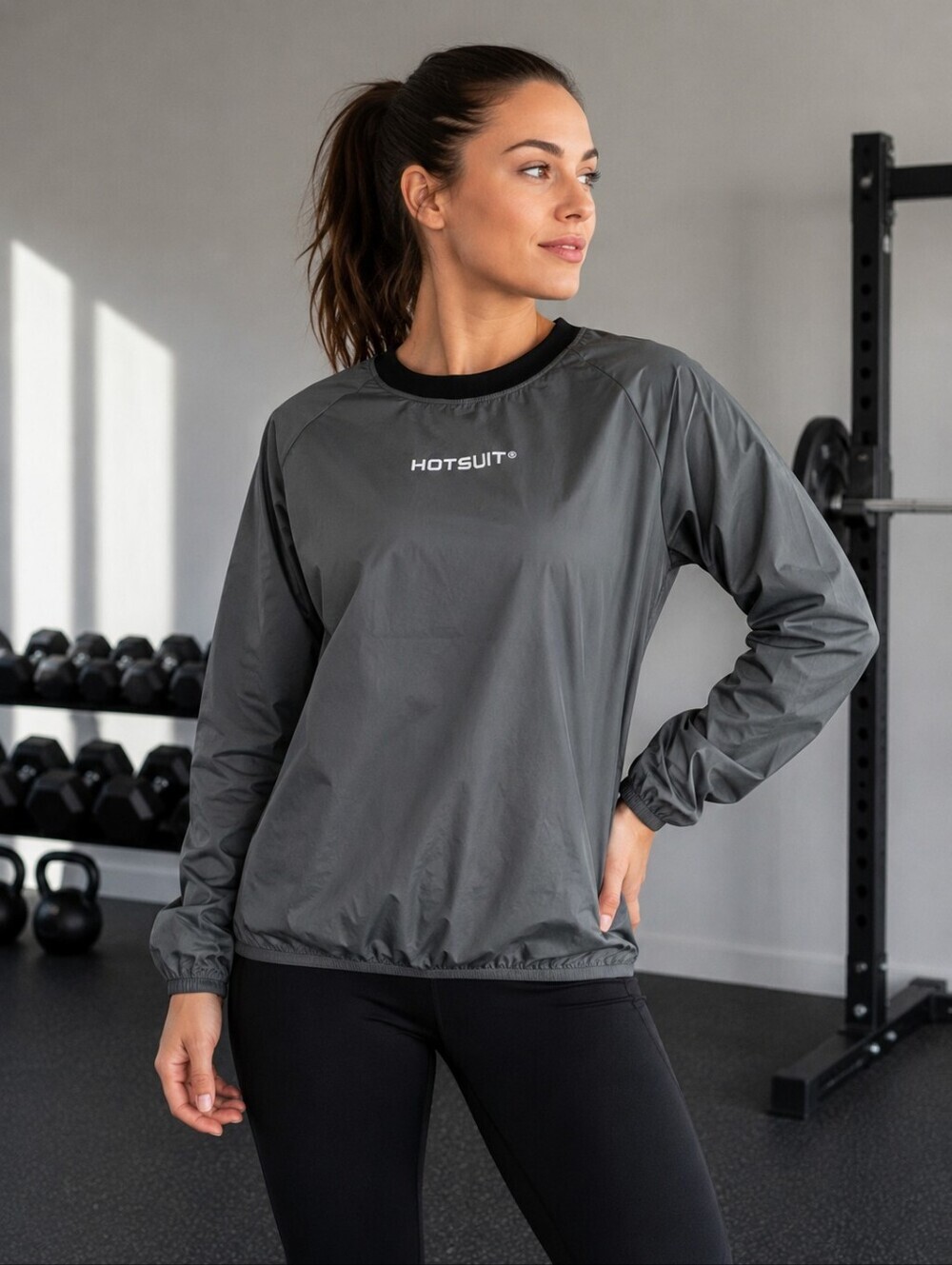 HOTSUIT Women's Sauna Sweat Training Top Gray Black Long Sleeve Weight Loss XL